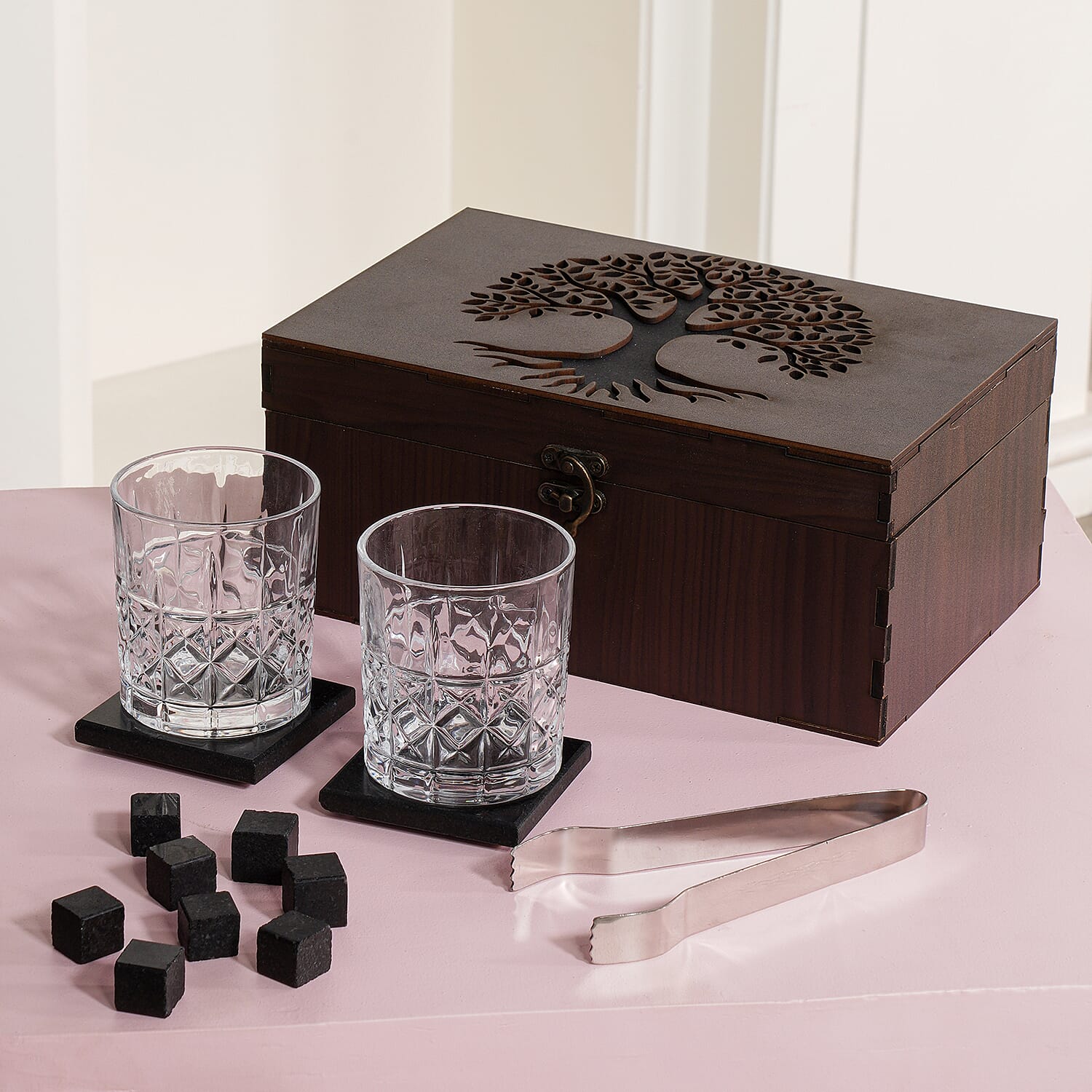 Set of 8 - Whiskey Cooling Gemstones Tree of life Wooden Box (Size 25x16x11 Cm) - Brown