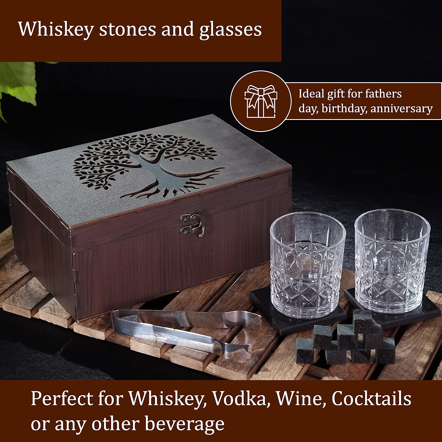 Set of 8 - Whiskey Cooling Gemstones Tree of life Wooden Box (Size 25x16x11 Cm) - Brown