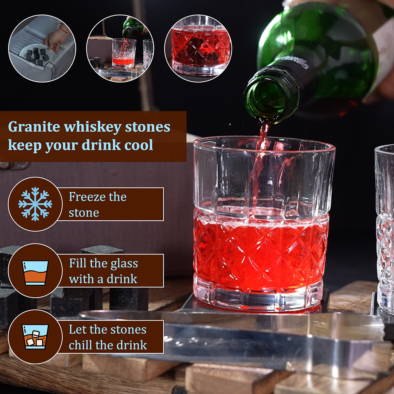 Set of 8 - Whiskey Cooling Gemstones Tree of life Wooden Box (Size 25x16x11 Cm) - Brown
