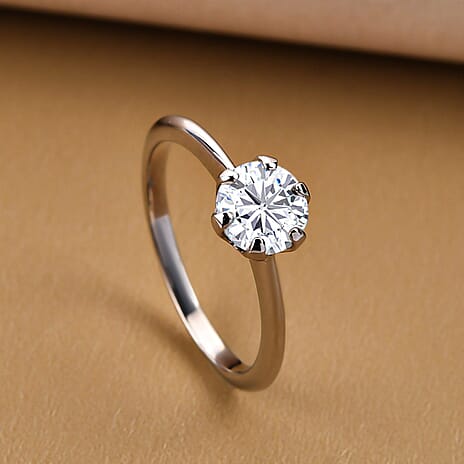 Moissanite Solitaire Ring in Platinum Overlay Sterling Silver