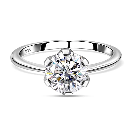 Moissanite Solitaire Ring in Sterling Silver with Platinum Plating