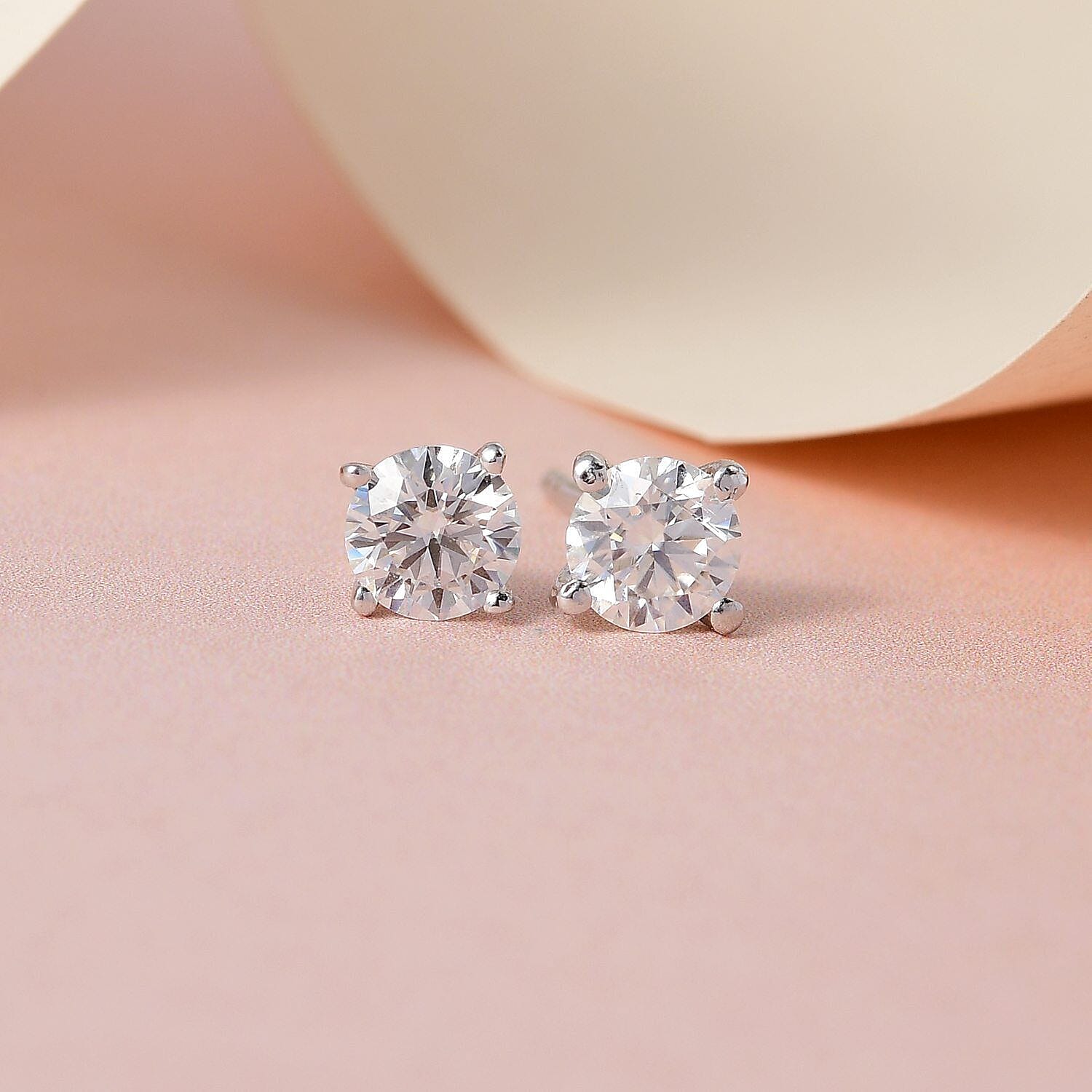 Moissanite Stud Earrings (with Push Back) in Platinum Overlay Sterling Silver