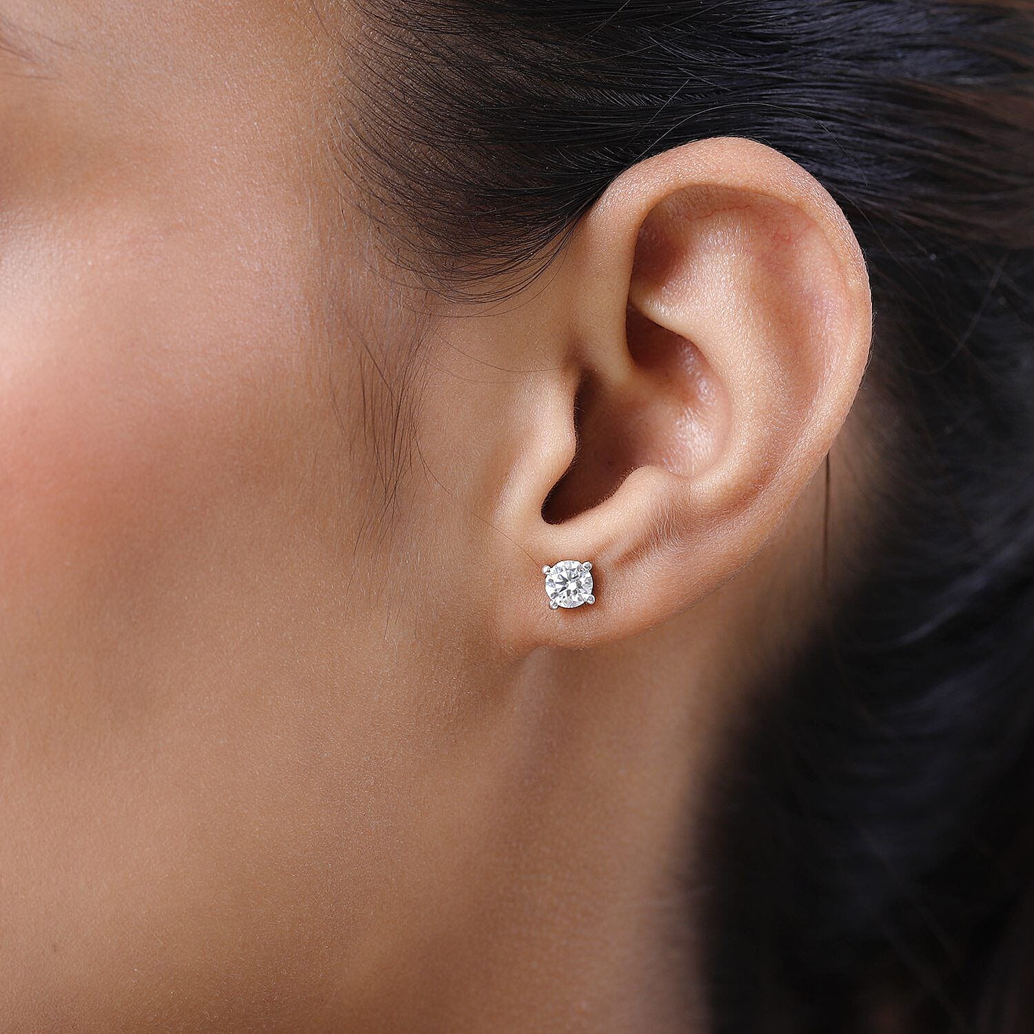 Moissanite Stud Earrings (with Push Back) in Platinum Overlay Sterling Silver