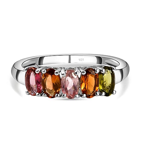 Multi-Tourmaline 5 Stone Ring in Platinum Overlay Sterling Silver 1.10 Ct.