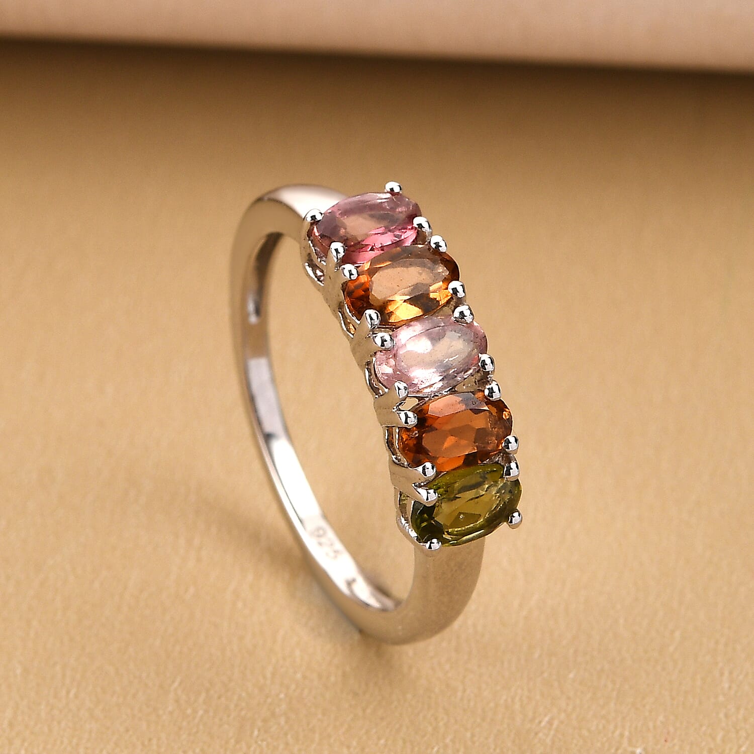 Multi-Tourmaline 5 Stone Ring in Platinum Overlay Sterling Silver 1.10 Ct.