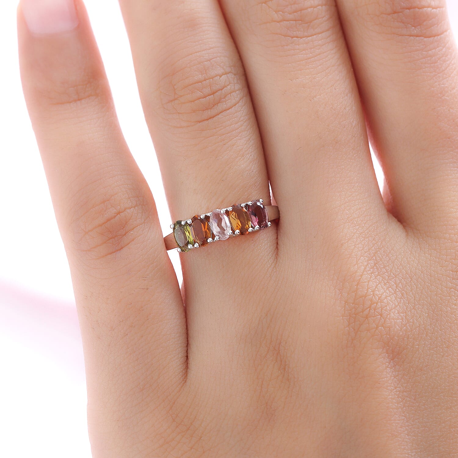 Multi-Tourmaline 5 Stone Ring in Platinum Overlay Sterling Silver 1.10 Ct.