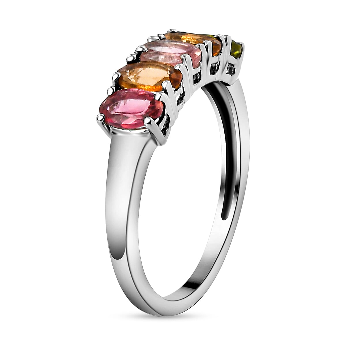 Multi-Tourmaline 5 Stone Ring in Platinum Overlay Sterling Silver 1.10 Ct.