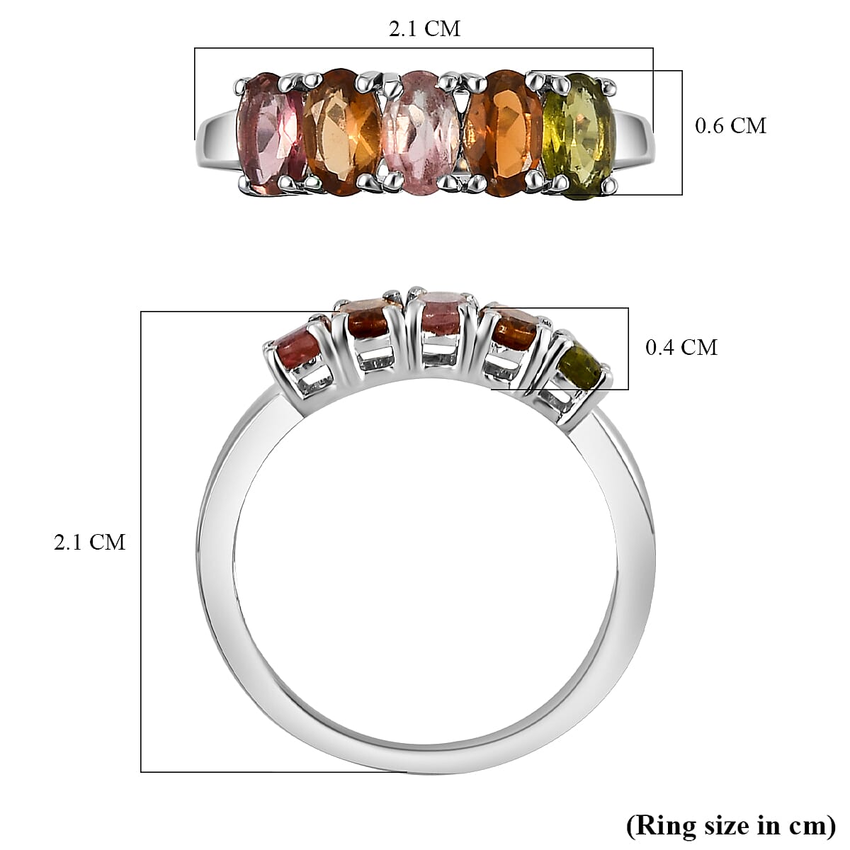 Multi-Tourmaline 5 Stone Ring in Platinum Overlay Sterling Silver 1.10 Ct.