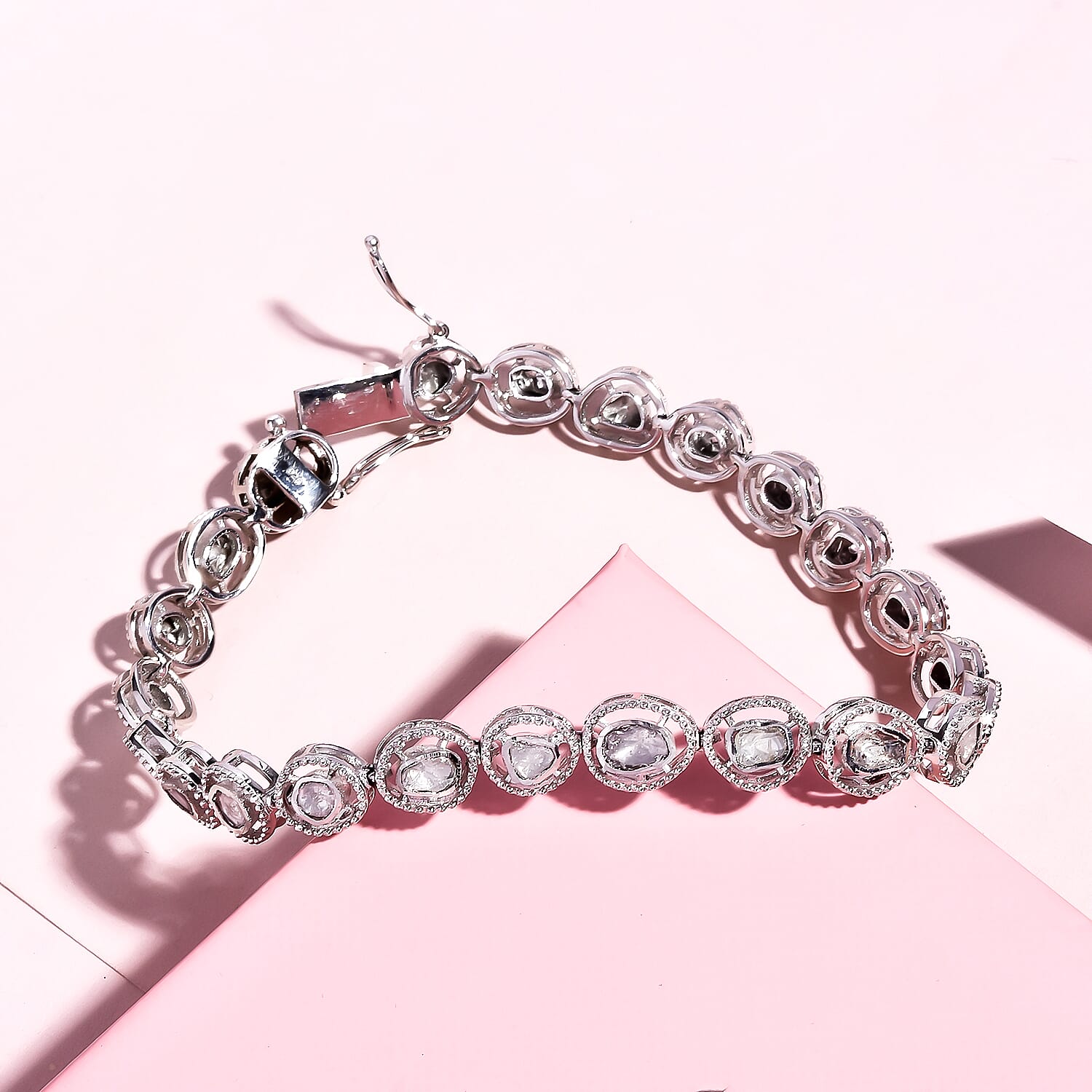 Artisan Crafted Polki Diamond Bracelet (Size - 7) in Platinum Overlay Sterling Silver 1.50 Ct, Silver Wt. 13.73 Gms