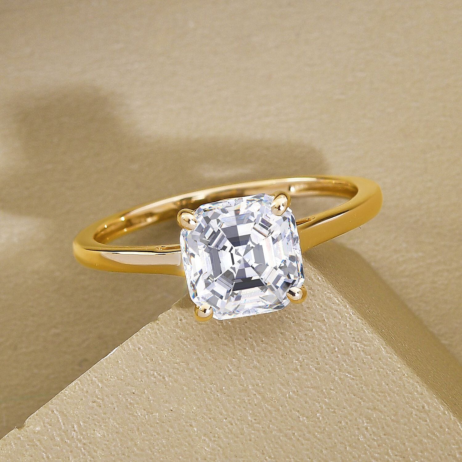 9K Yellow Gold Strontium Titanate Asscher Cut Solitaire Ring 2.69 Ct.