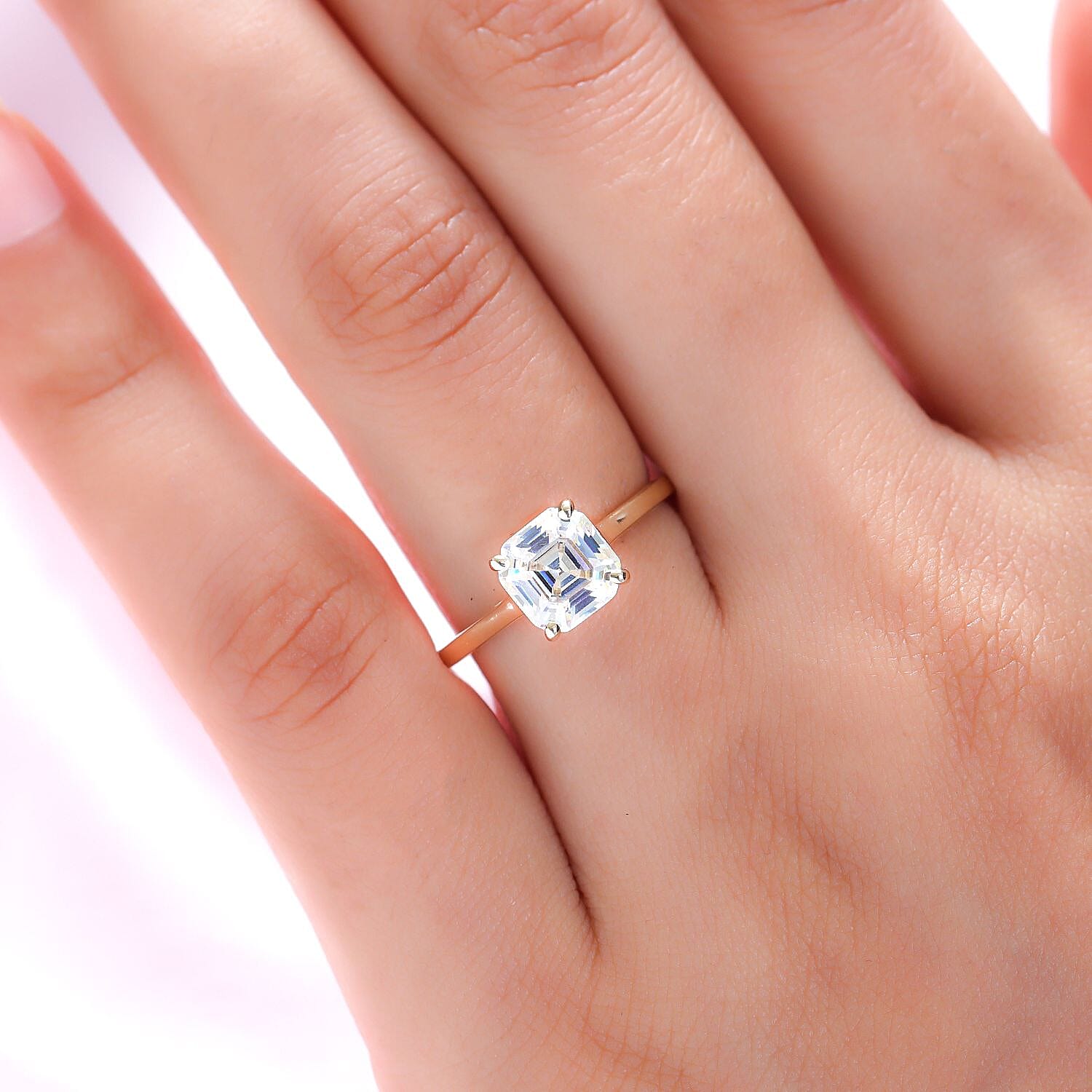 9K Yellow Gold Strontium Titanate Asscher Cut Solitaire Ring 2.69 Ct.