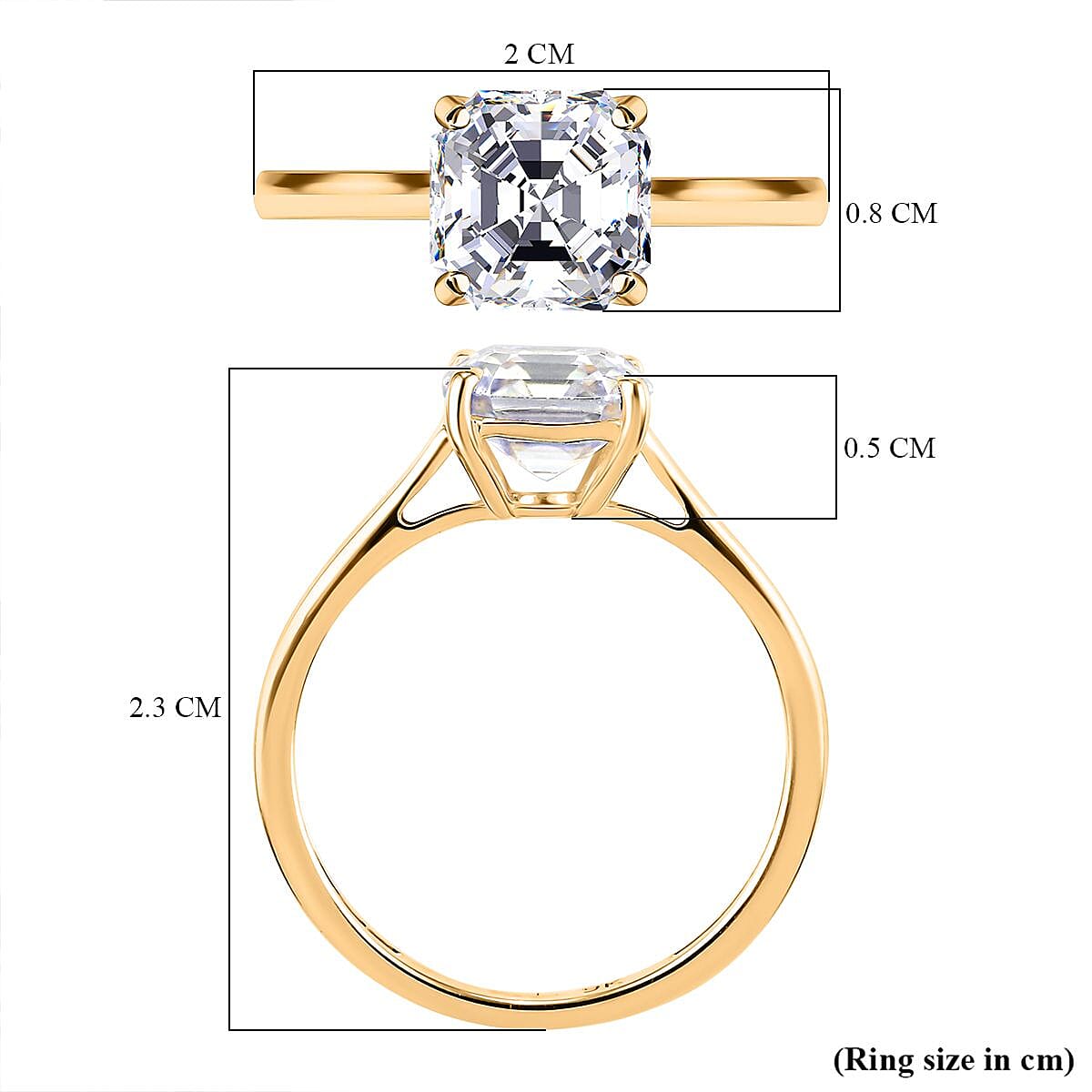 9K Yellow Gold Strontium Titanate Asscher Cut Solitaire Ring 2.69 Ct.