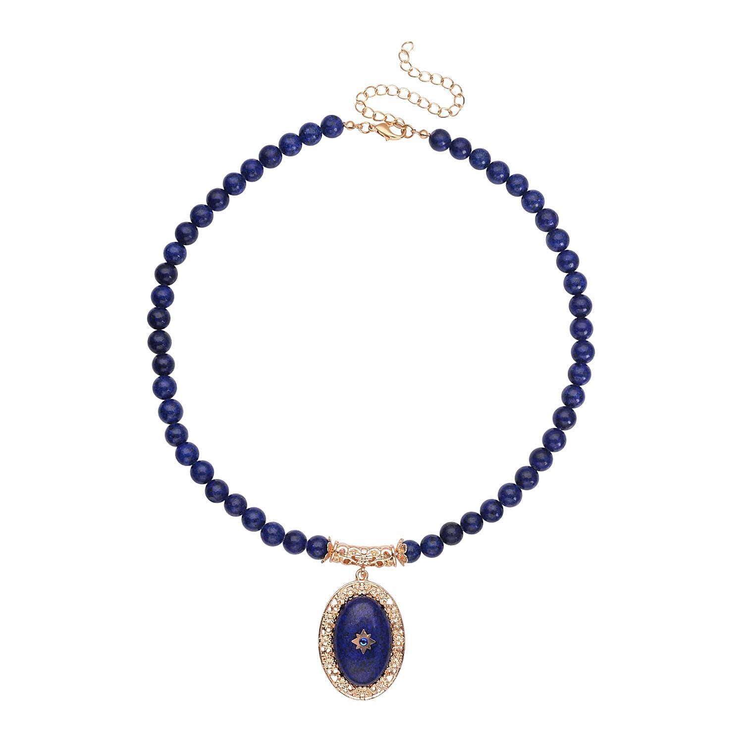 Lapis Lazuli and Dark Blue Colour Austrian Crystal Necklace (Size - 18.5 with 4 inch Extender) in Yellow Gold Tone 230.01 Ct.