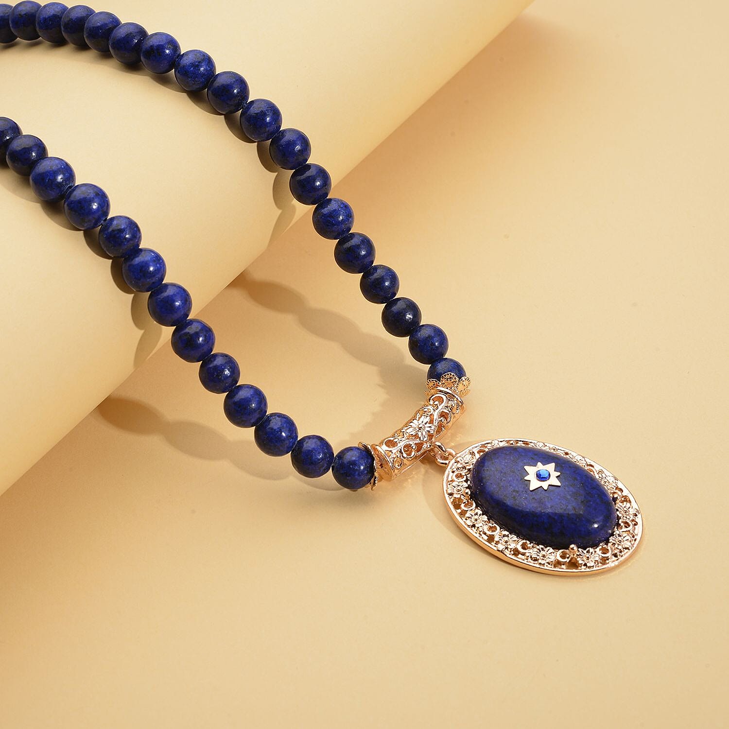 Lapis Lazuli and Dark Blue Colour Austrian Crystal Necklace (Size - 18.5 with 4 inch Extender) in Yellow Gold Tone 230.01 Ct.