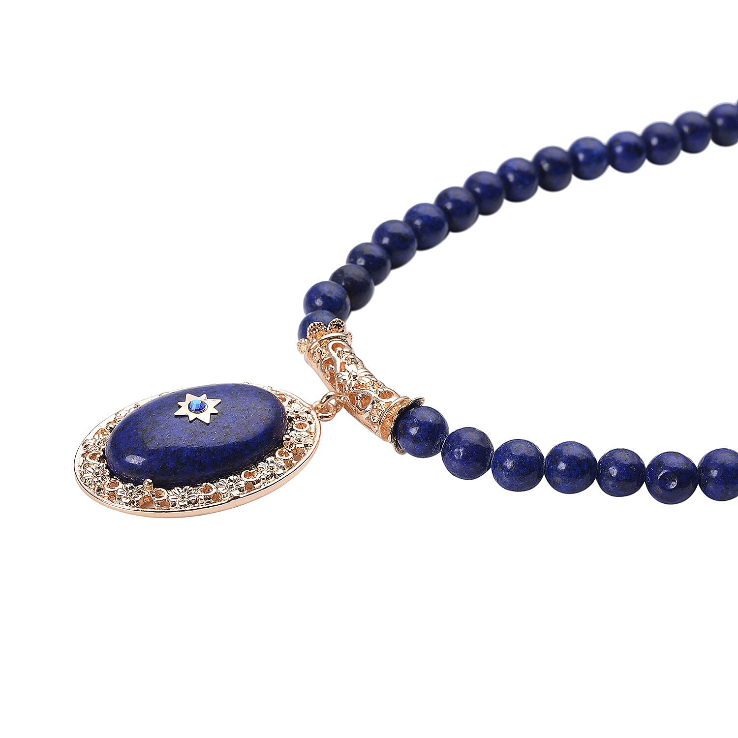 Lapis Lazuli and Dark Blue Colour Austrian Crystal Necklace (Size - 18.5 with 4 inch Extender) in Yellow Gold Tone 230.01 Ct.