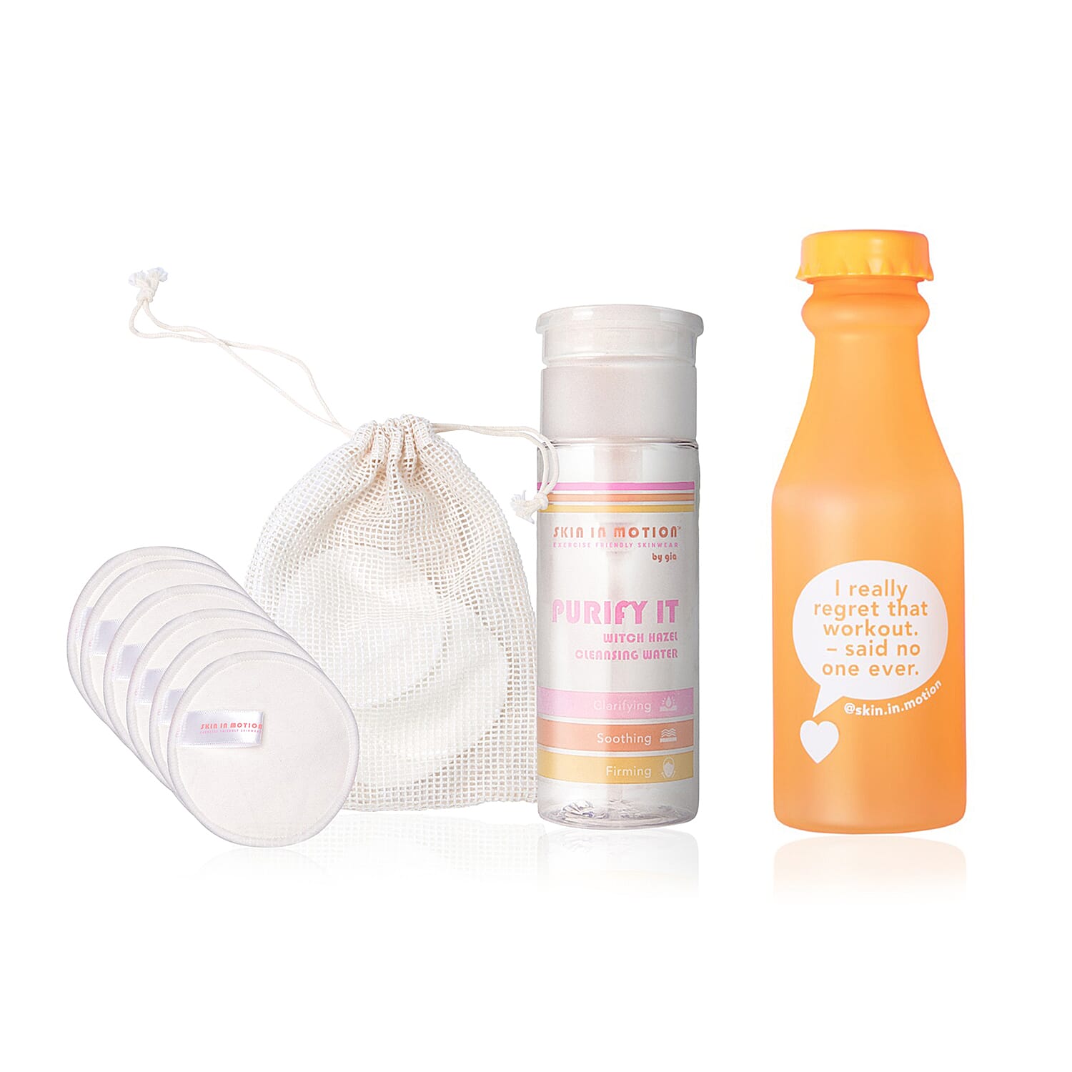 Skin in Motion- Purify Kit (Incl. Witch Hazel Water & Re-usable Makeup Remover Pads) (With Free Orange Water Bottle)