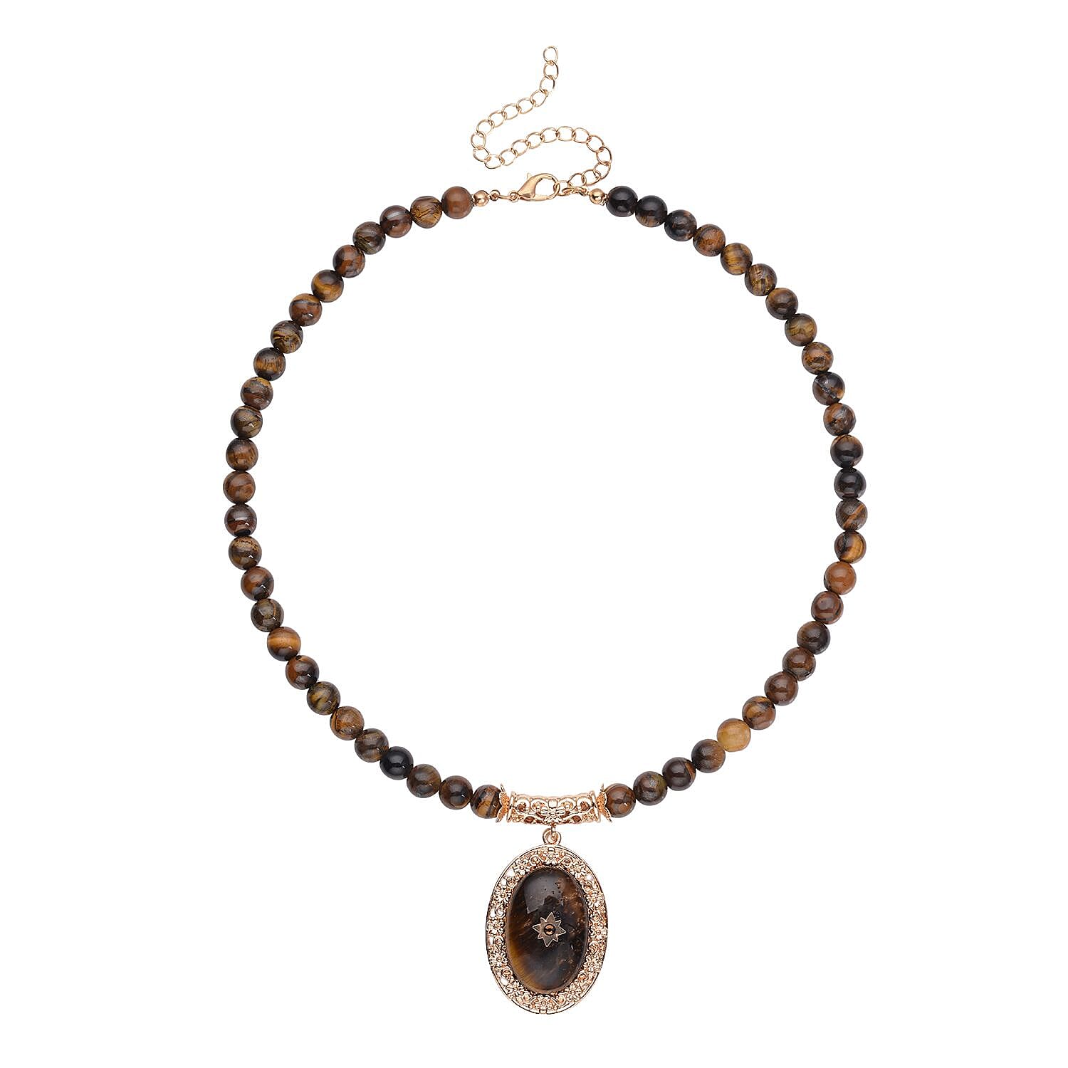 Yellow Tigers Eye and Brown Austrian Crystal Necklace (Size - 18.5 with 4 inch Extender) in Yellow Gold Tone 255.01 Ct.