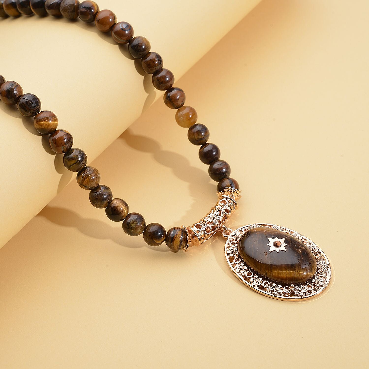 Yellow Tigers Eye and Brown Austrian Crystal Necklace (Size - 18.5 with 4 inch Extender) in Yellow Gold Tone 255.01 Ct.