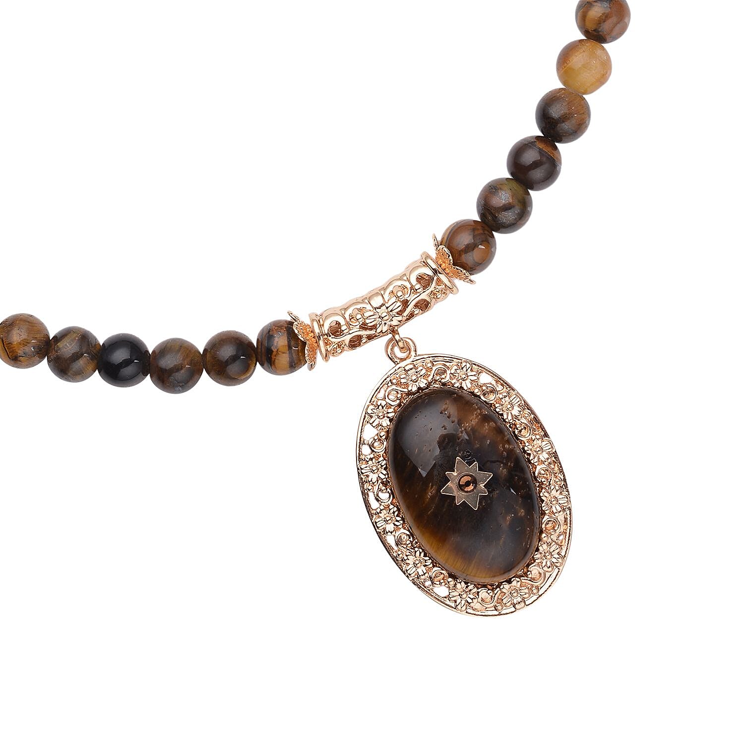 Yellow Tigers Eye and Brown Austrian Crystal Necklace (Size - 18.5 with 4 inch Extender) in Yellow Gold Tone 255.01 Ct.