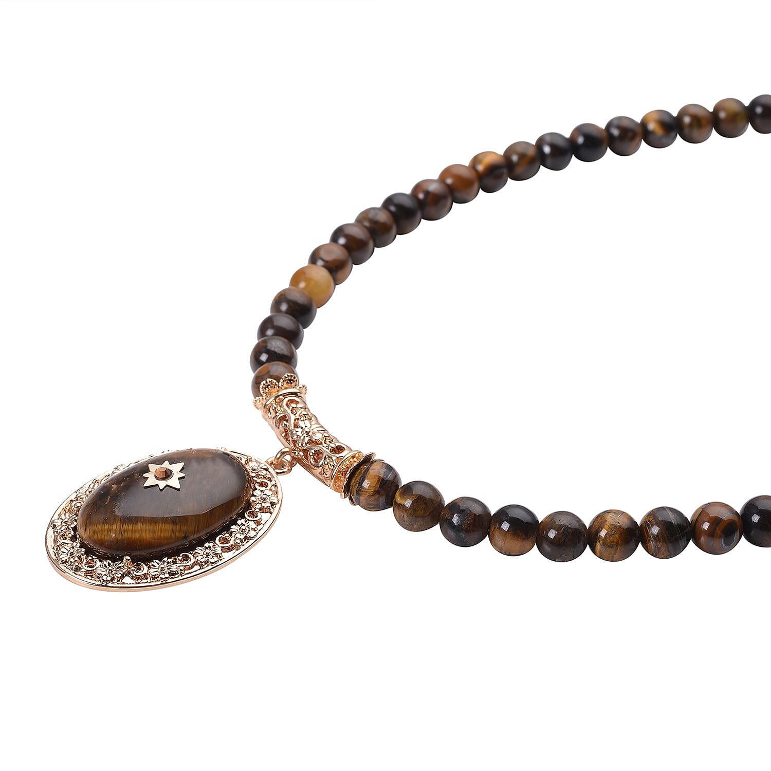 Yellow Tigers Eye and Brown Austrian Crystal Necklace (Size - 18.5 with 4 inch Extender) in Yellow Gold Tone 255.01 Ct.