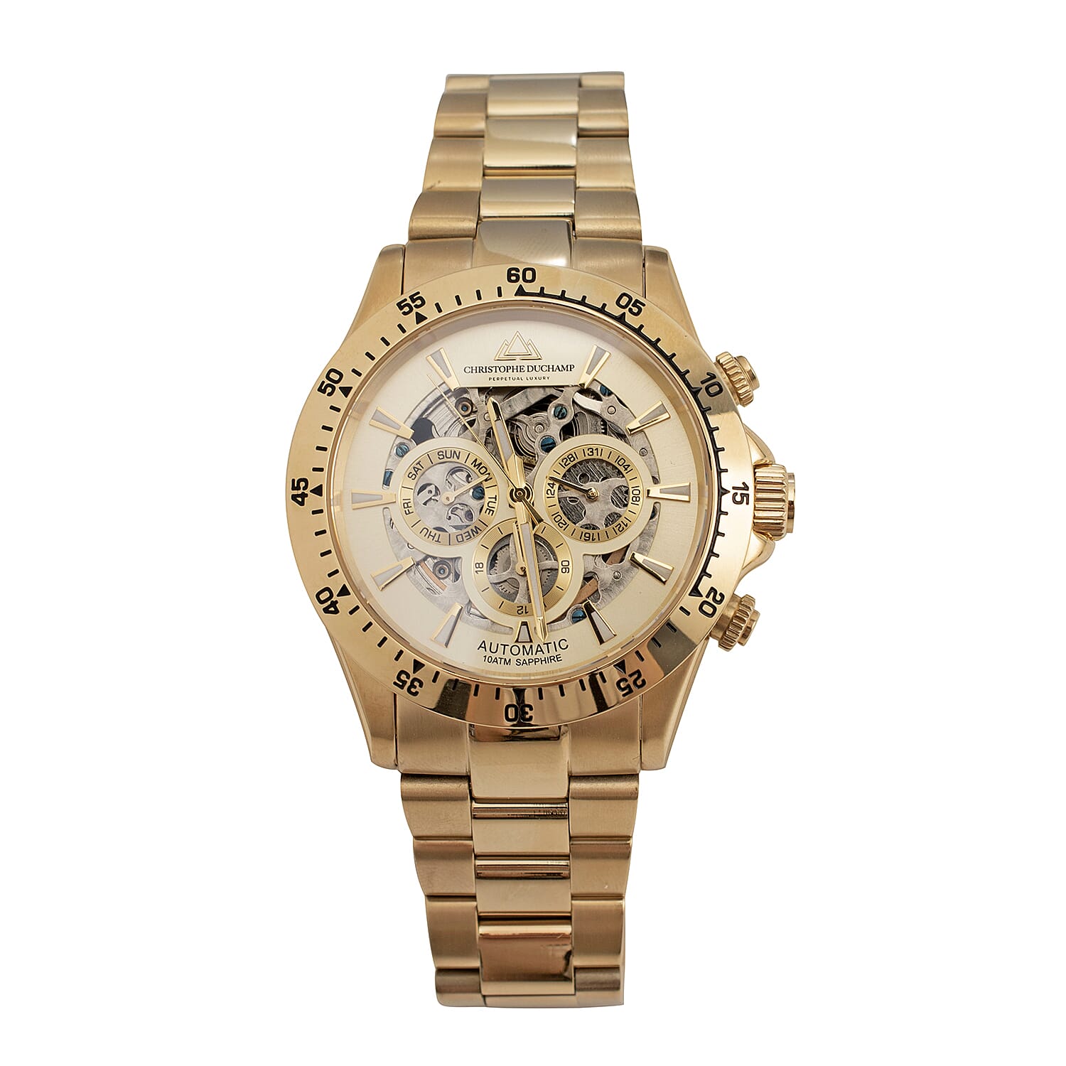 CHRISTOPHE DUCHAMP Skeleton Grand Mont Automatic Movement Cream Dial Watch with Yellow Gold Colour Chain Strap