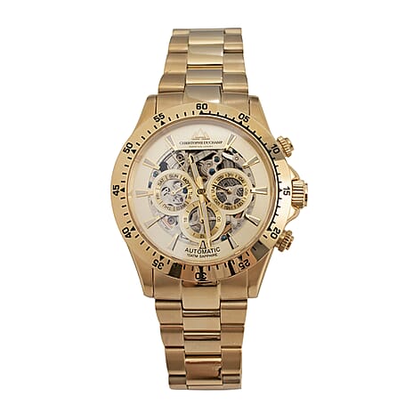CHRISTOPHE DUCHAMP Skeleton Grand Mont Automatic Movement Cream Dial Watch with Yellow Gold Colour Chain Strap