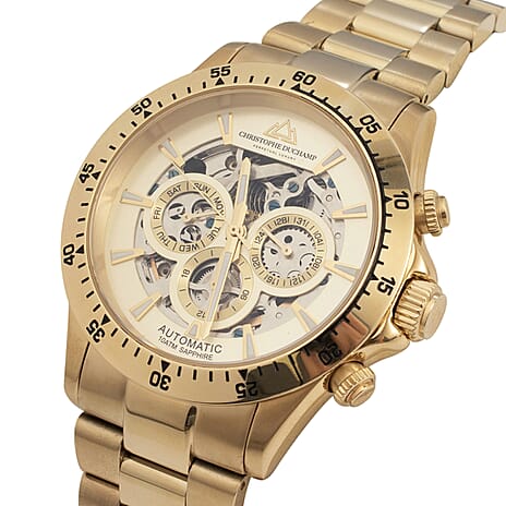 CHRISTOPHE DUCHAMP Skeleton Grand Mont Automatic Movement Cream Dial Watch with Yellow Gold Colour Chain Strap