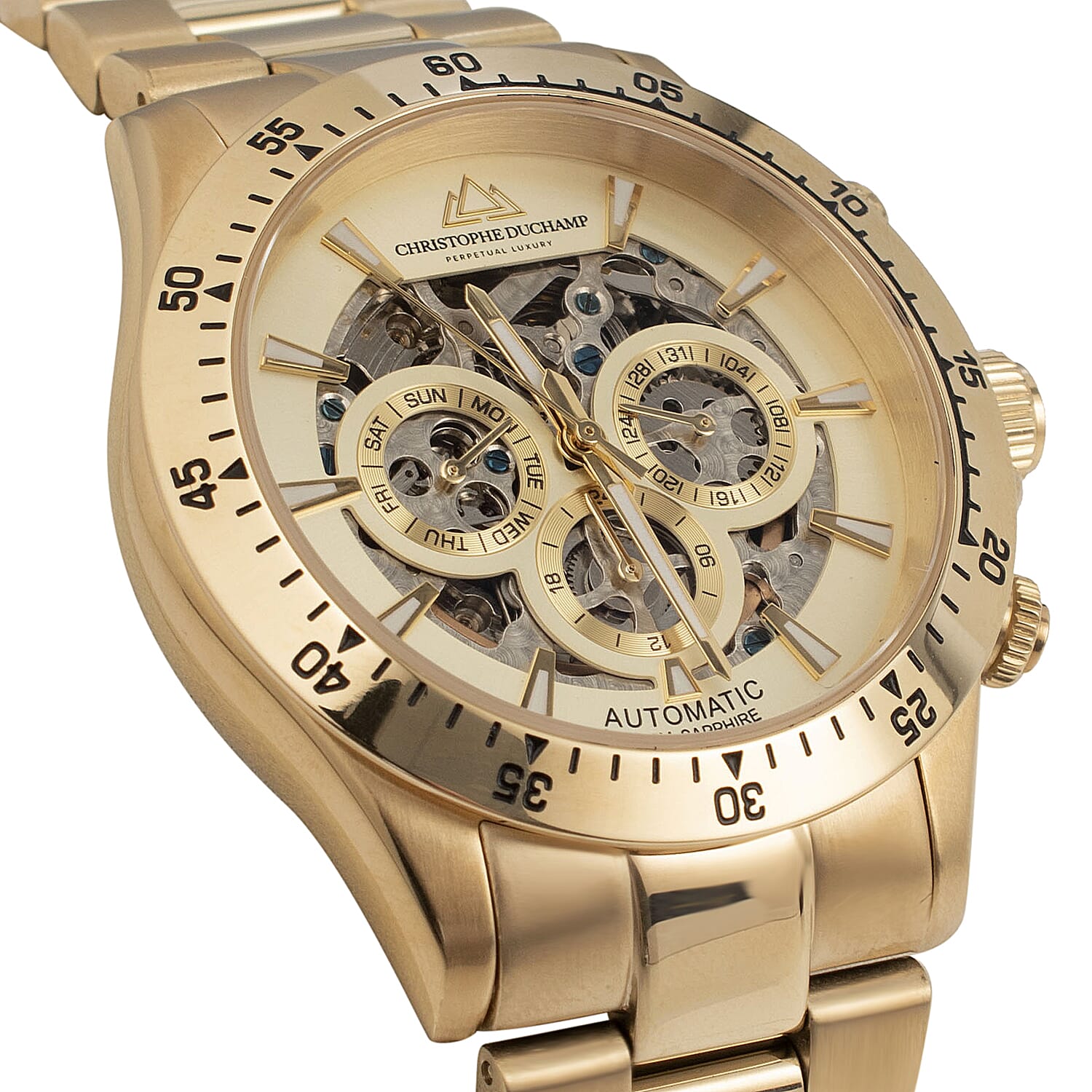 CHRISTOPHE DUCHAMP Skeleton Grand Mont Automatic Movement Cream Dial Watch with Yellow Gold Colour Chain Strap