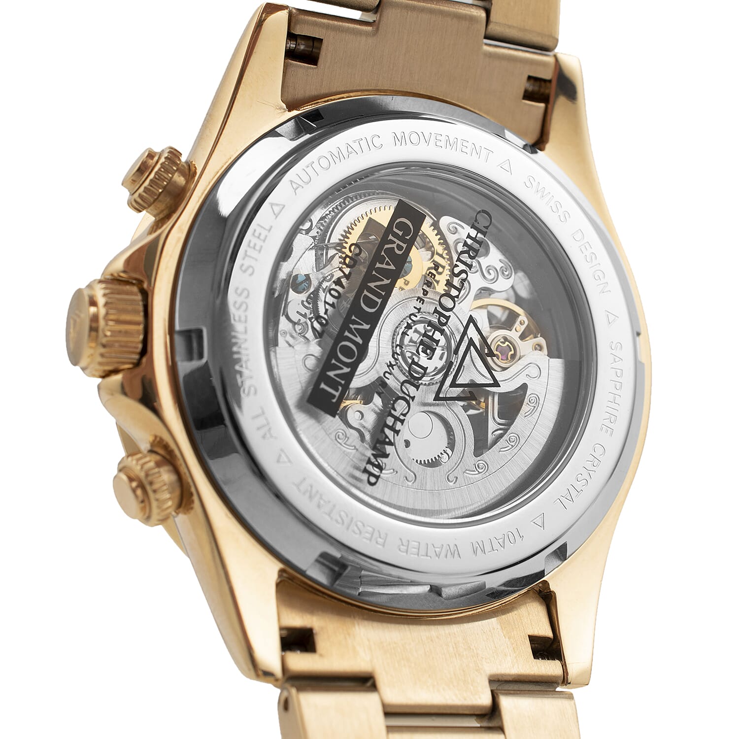 CHRISTOPHE DUCHAMP Skeleton Grand Mont Automatic Movement Cream Dial Watch with Yellow Gold Colour Chain Strap