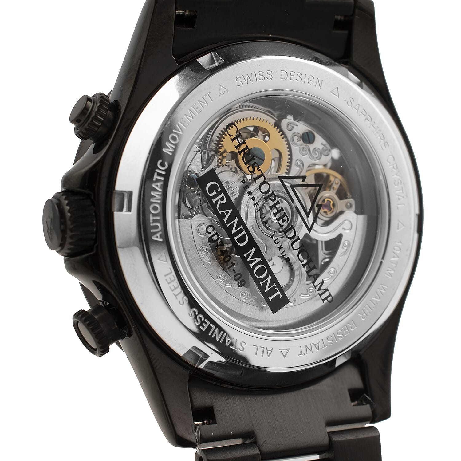 Christophe Duchamp Skeleton Grand Mont Automatic Dial 10 ATM Water Resistant Black Watch with Black Colour Chain Strap