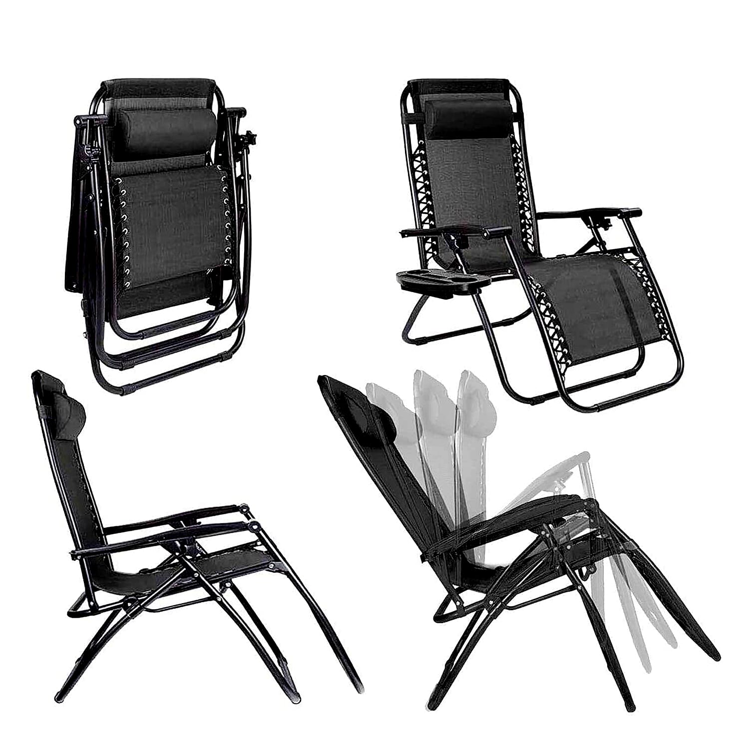 Set of 2 - Heavy Duty Zero Gravity Reclining Garden Chairs with Smart Lock Mechanism and Holding tray