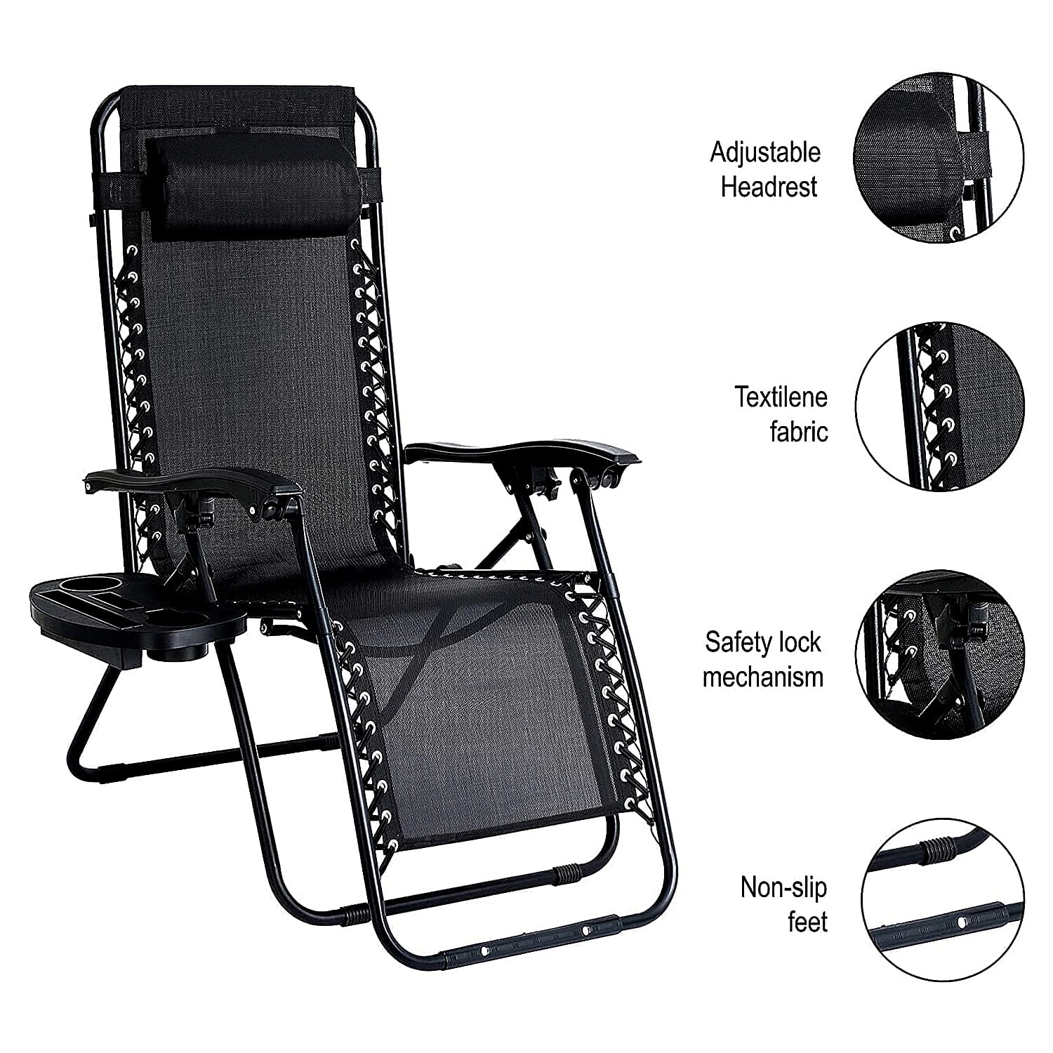 Set of 2 - Heavy Duty Zero Gravity Reclining Garden Chairs with Smart Lock Mechanism and Holding tray
