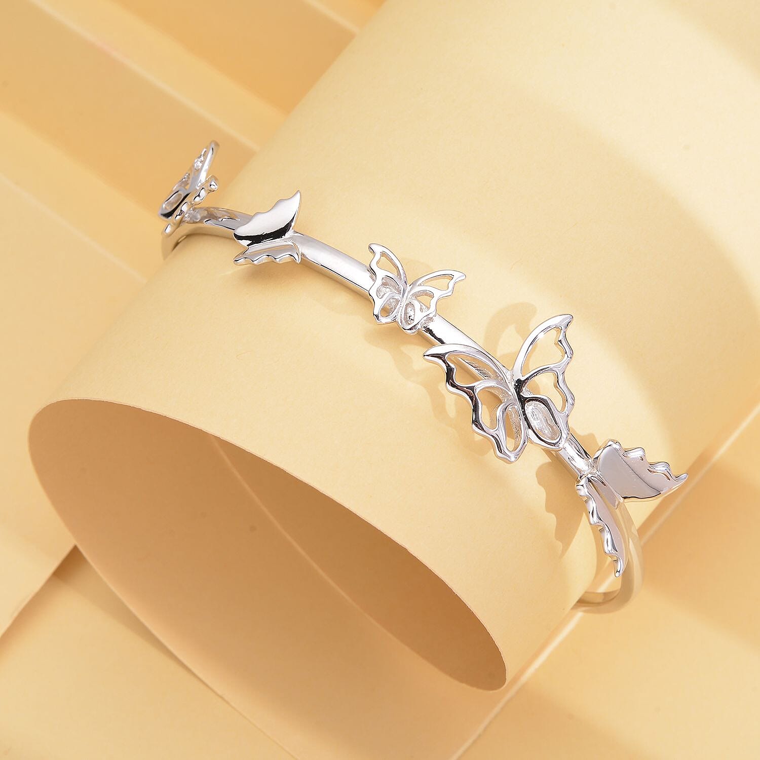 Lucy Q Wings Collection - Rhodium Overlay Sterling Silver Butterfly Cuff Bangle (Size 7.5)
