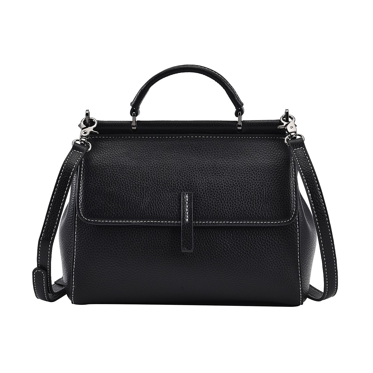 100% Genuine Leather Convertible Bag with Detachable Long Strap (Size 24x12x20 cm) - Black