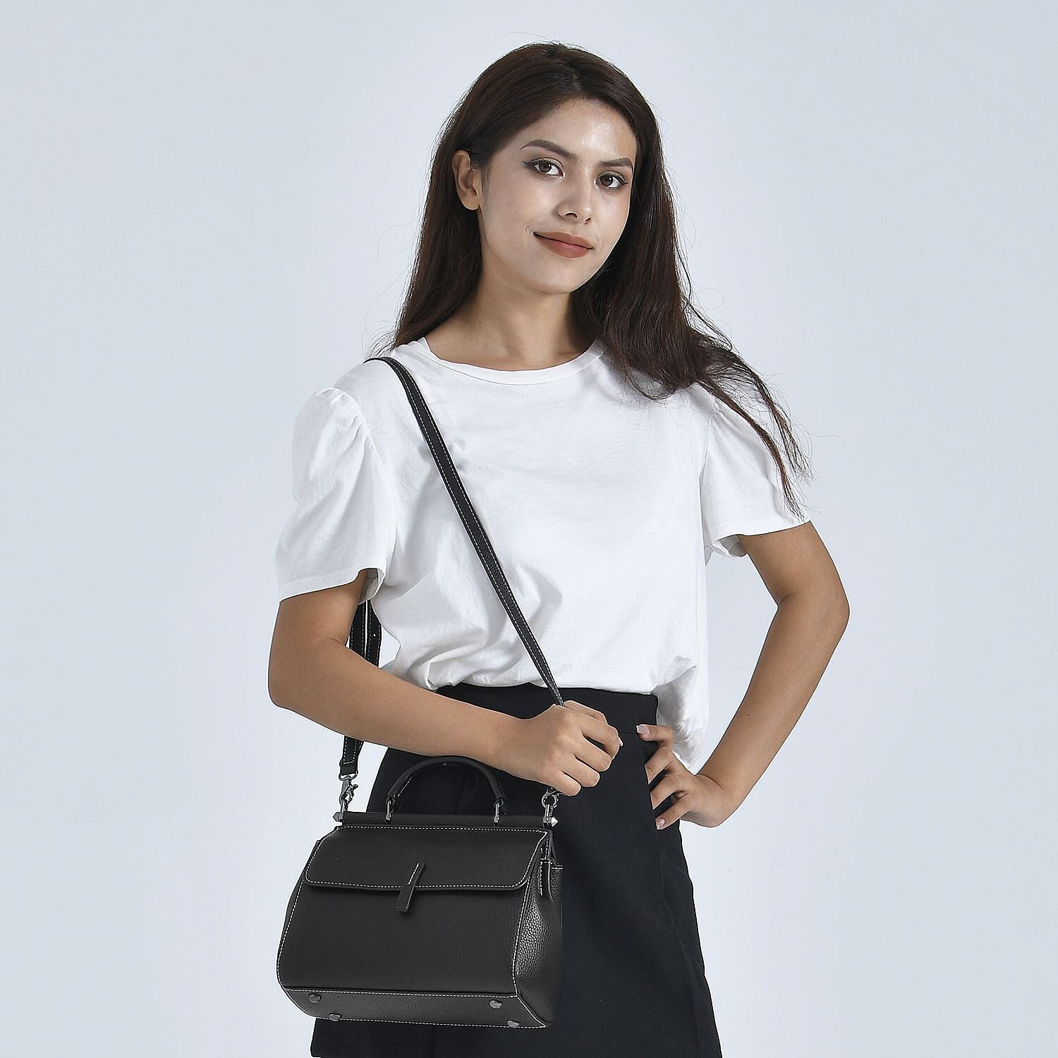 100% Genuine Leather Convertible Bag with Detachable Long Strap (Size 24x12x20 cm) - Black