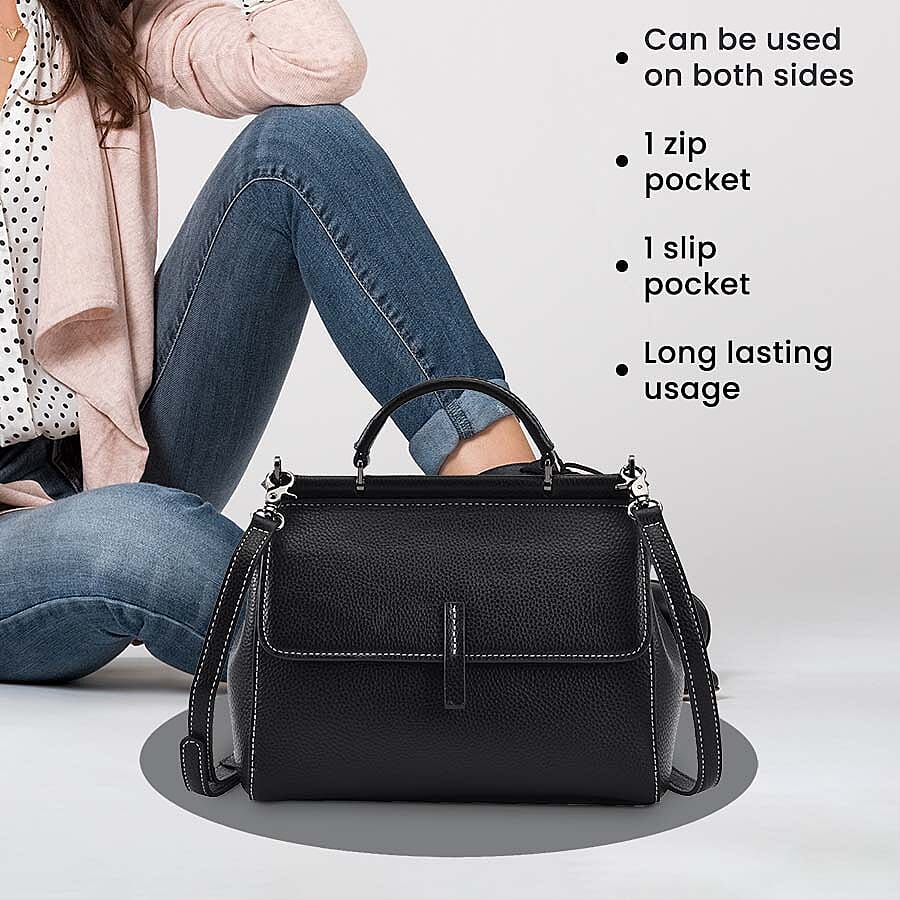 100% Genuine Leather Convertible Bag with Detachable Long Strap (Size 24x12x20 cm) - Black