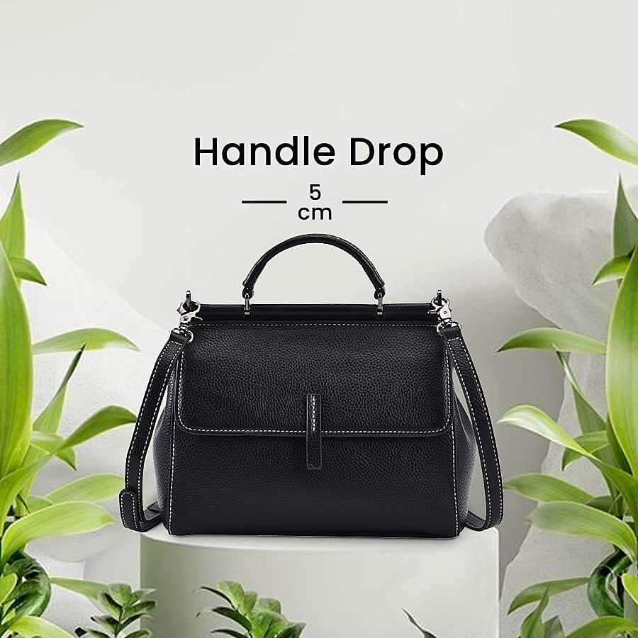 100% Genuine Leather Convertible Bag with Detachable Long Strap (Size 24x12x20 cm) - Black