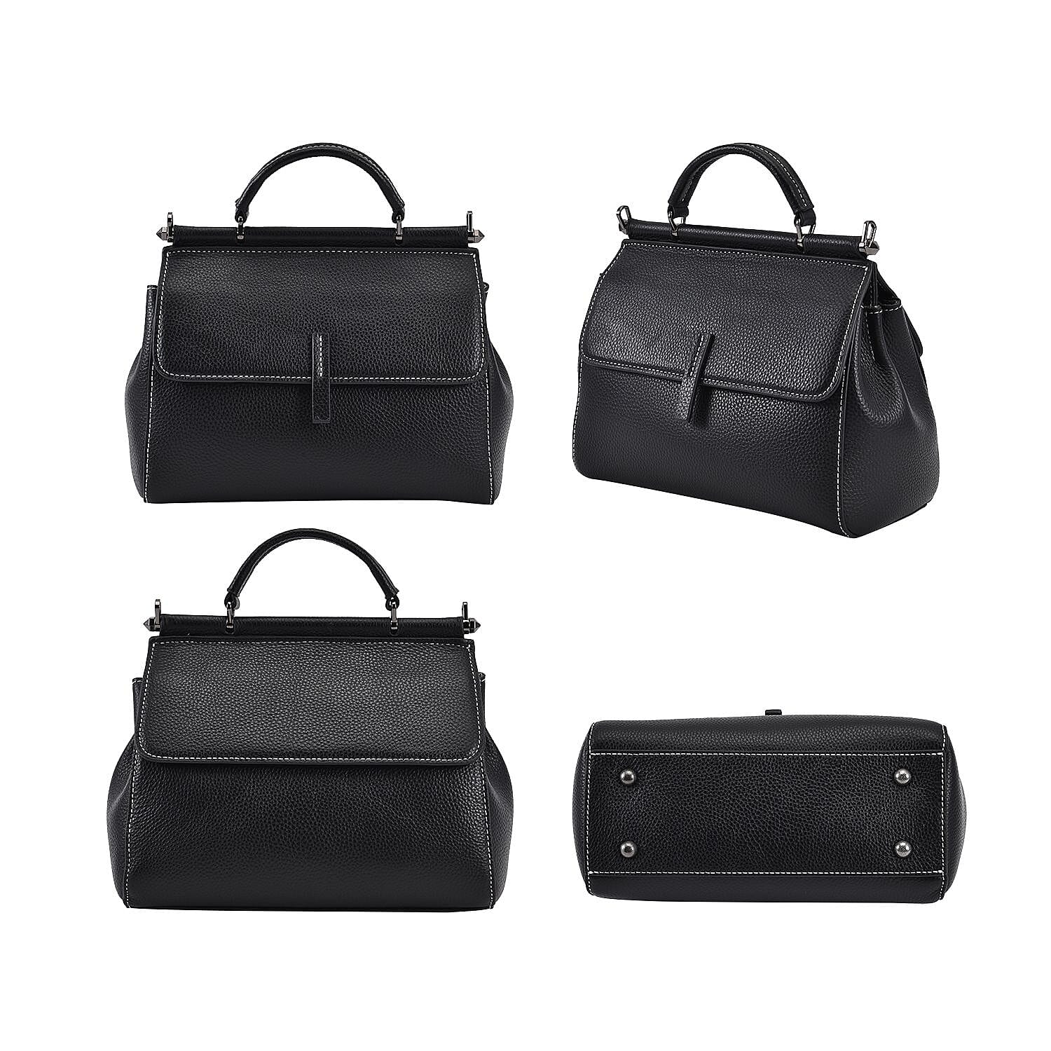 100% Genuine Leather Convertible Bag with Detachable Long Strap (Size 24x12x20 cm) - Black