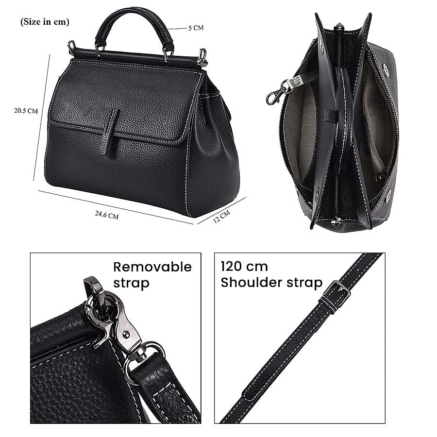 100% Genuine Leather Convertible Bag with Detachable Long Strap (Size 24x12x20 cm) - Black
