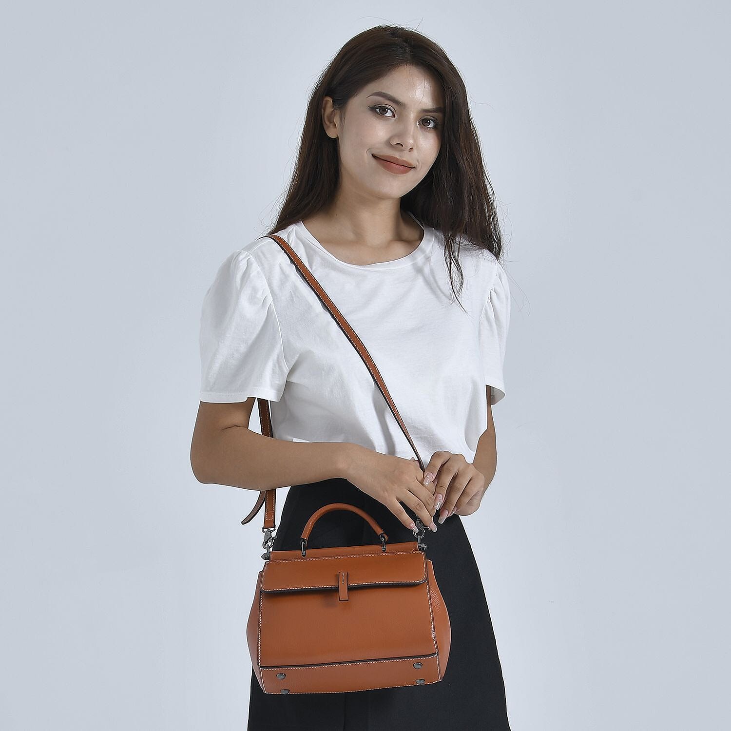 100% Genuine Leather Convertible Bag with Detachable Long Strap (Size 24x12x20 cm) - Tan