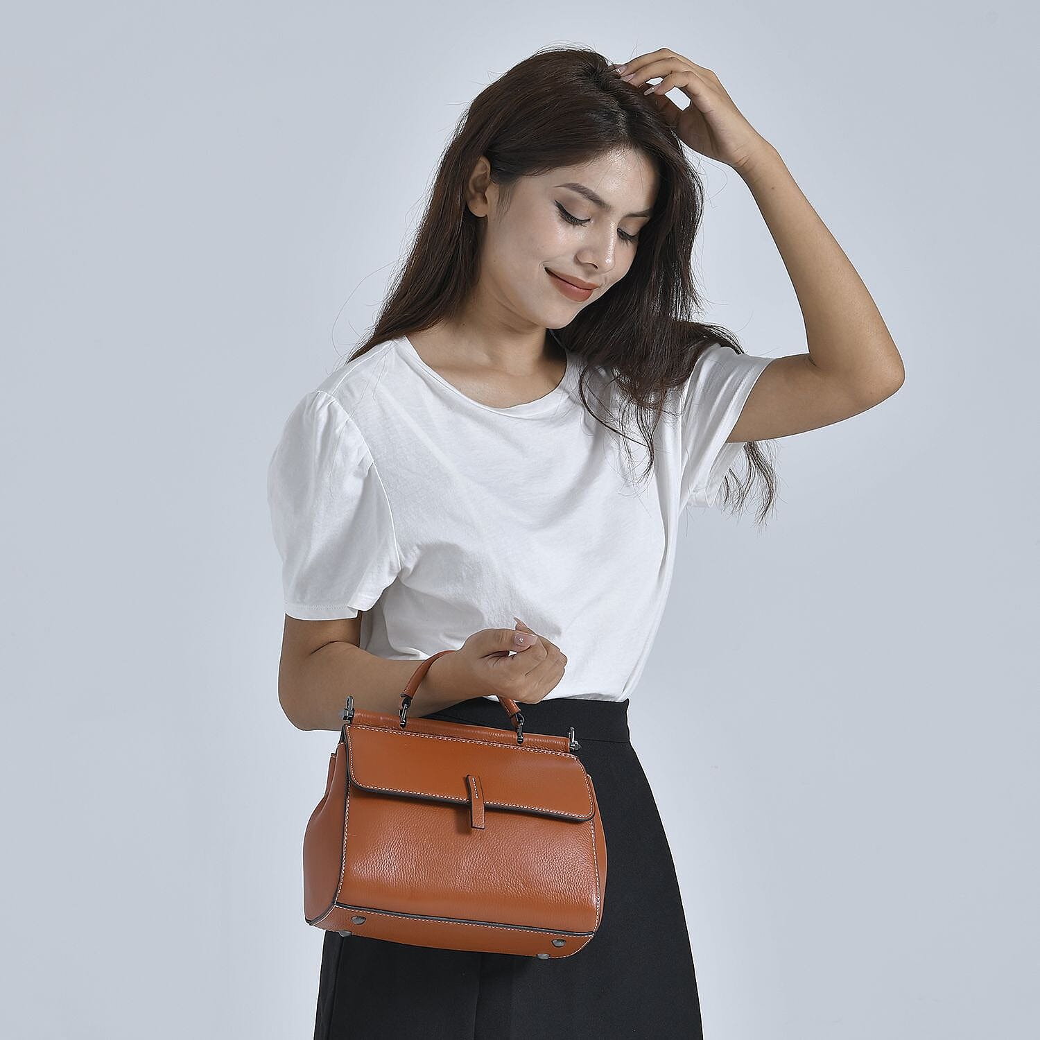 100% Genuine Leather Convertible Bag with Detachable Long Strap (Size 24x12x20 cm) - Tan