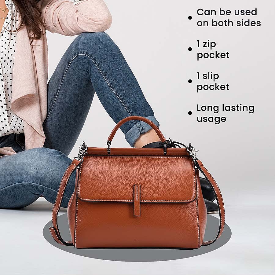 100% Genuine Leather Convertible Bag with Detachable Long Strap (Size 24x12x20 cm) - Tan