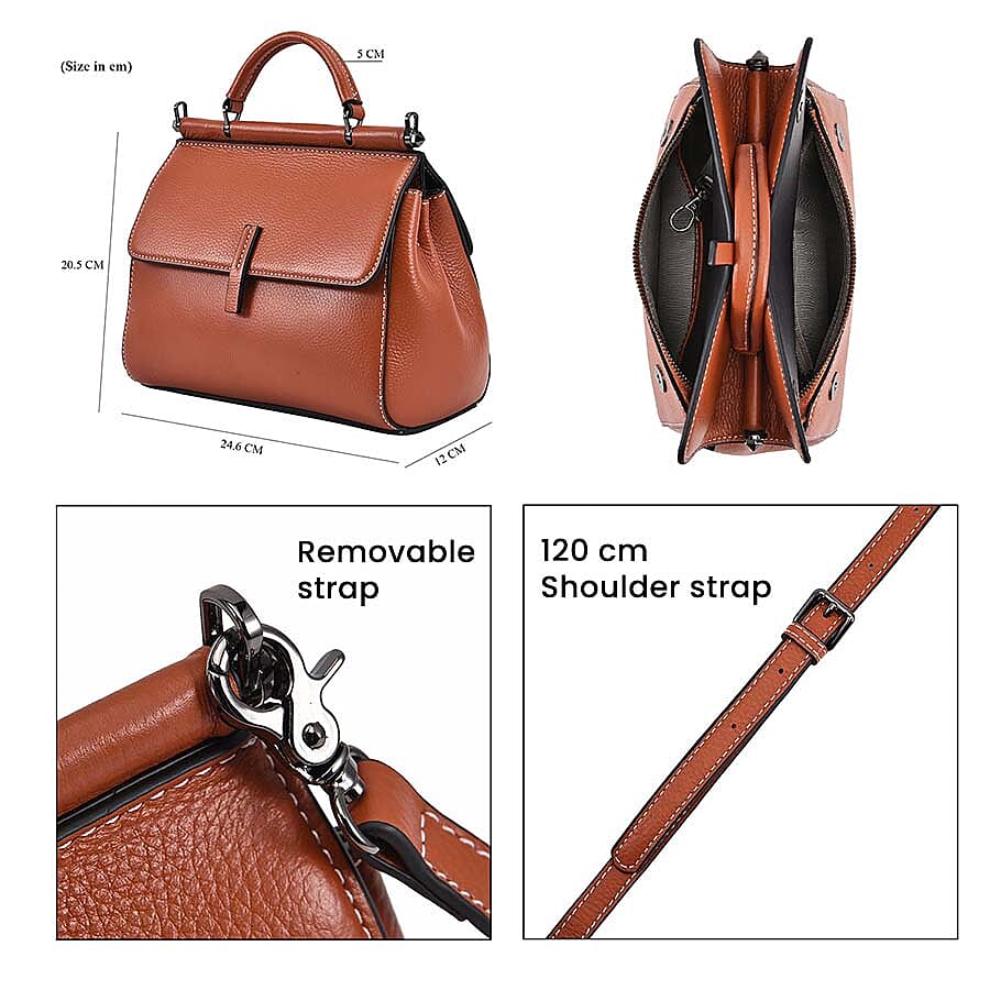 100% Genuine Leather Convertible Bag with Detachable Long Strap (Size 24x12x20 cm) - Tan