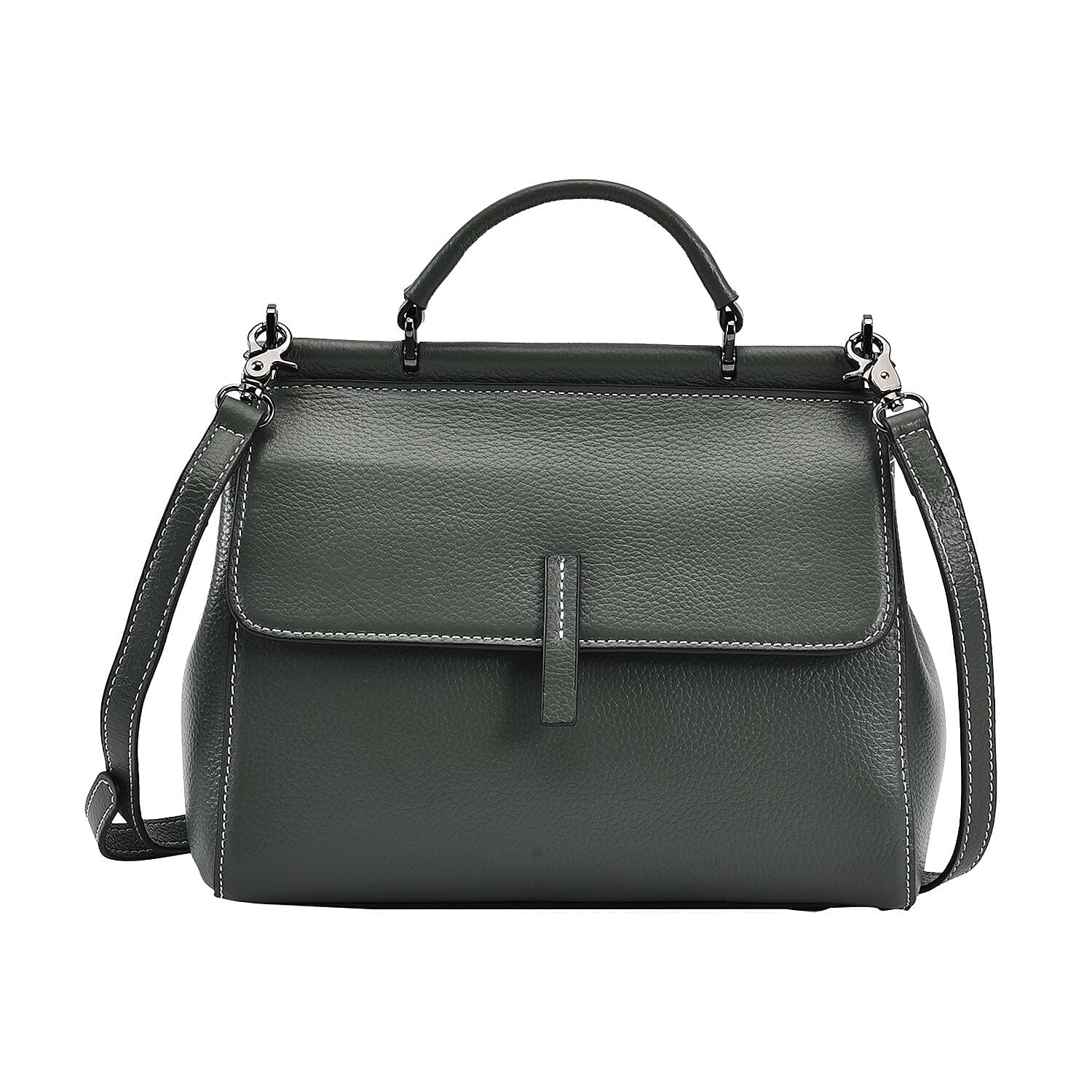 100% Genuine Leather Convertible Bag with Detachable Long Strap - Dark Green