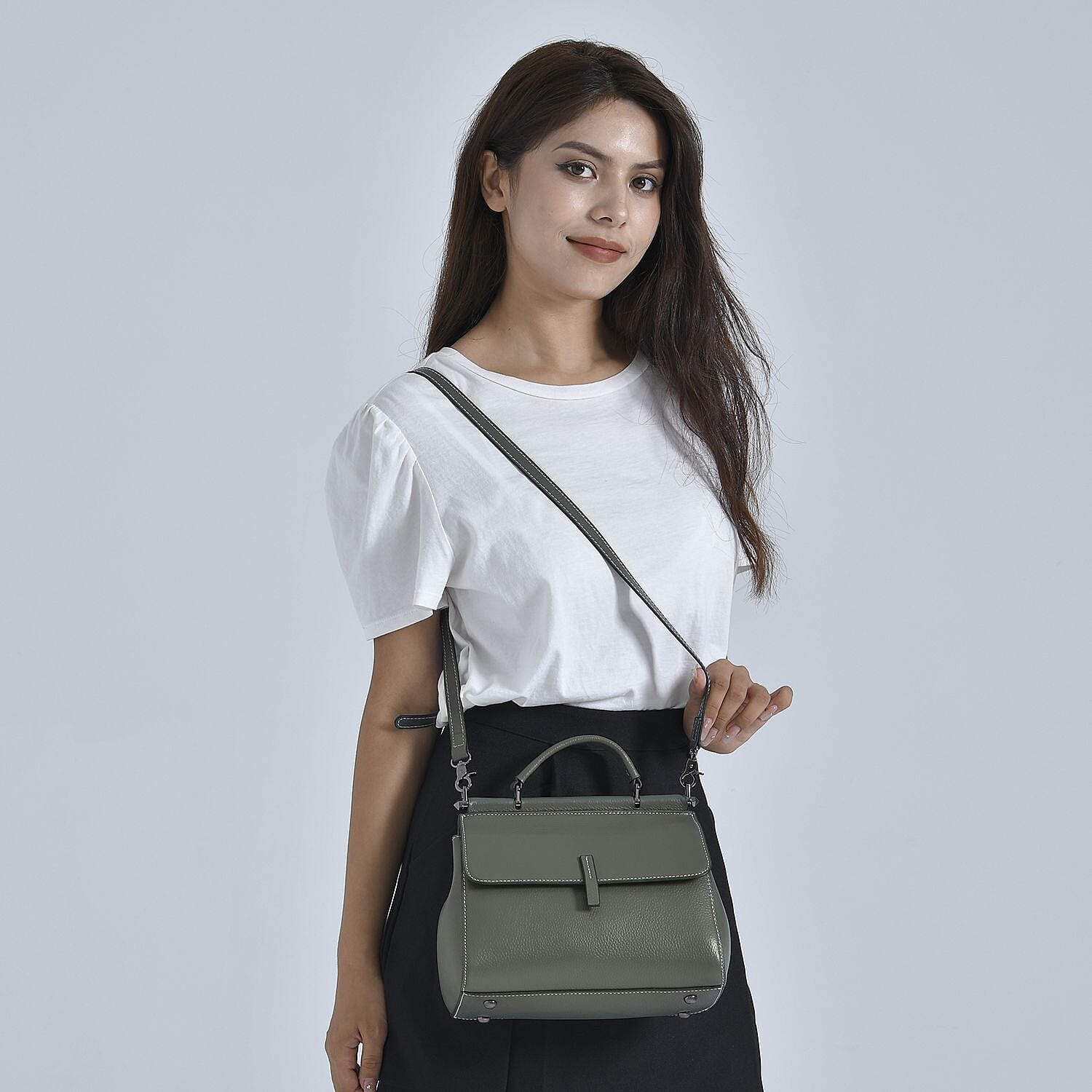 100% Genuine Leather Convertible Bag with Detachable Long Strap - Dark Green