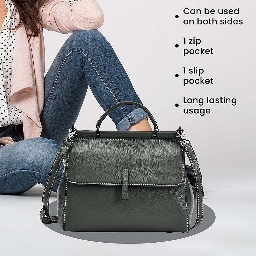 100% Genuine Leather Convertible Bag with Detachable Long Strap - Dark Green
