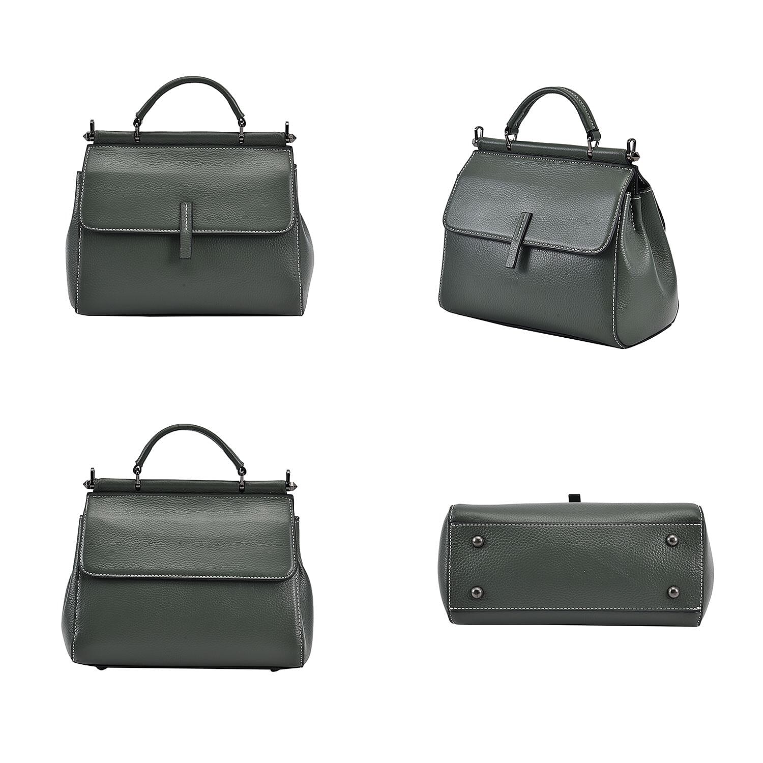 100% Genuine Leather Convertible Bag with Detachable Long Strap - Dark Green