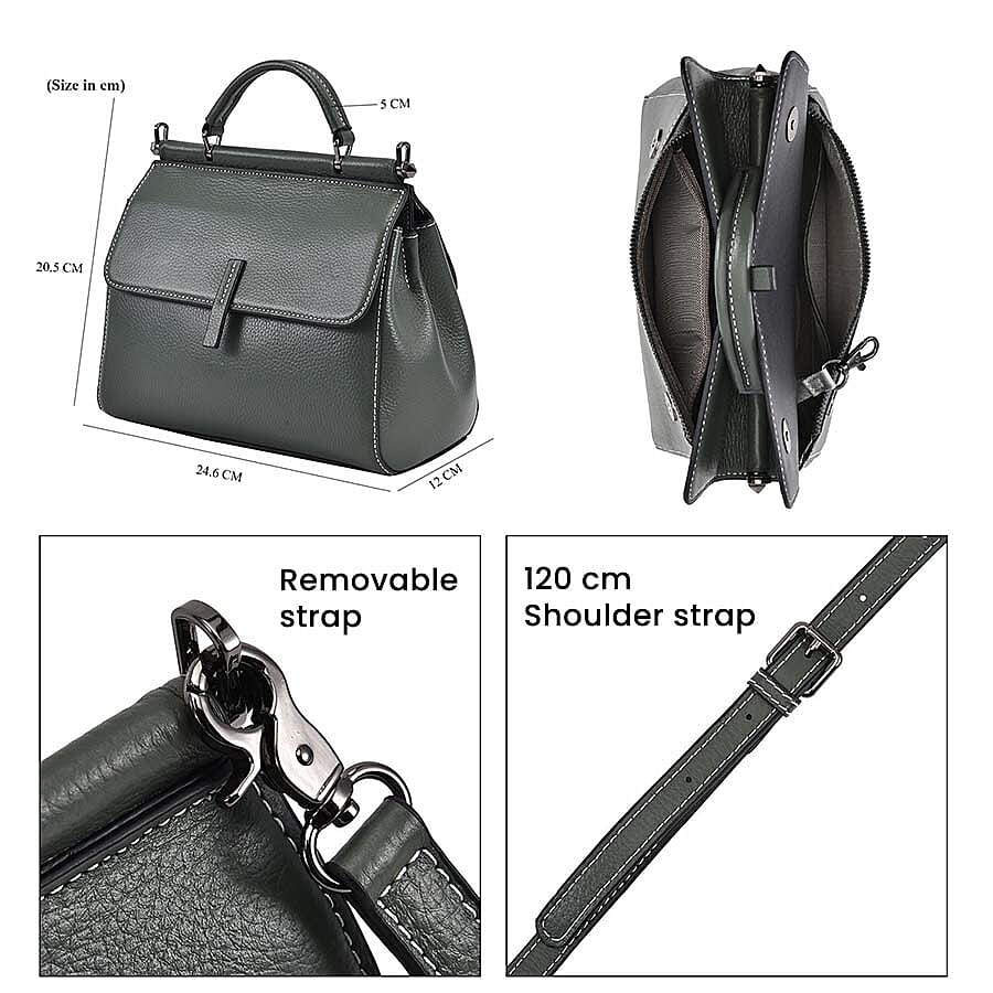 100% Genuine Leather Convertible Bag with Detachable Long Strap - Dark Green