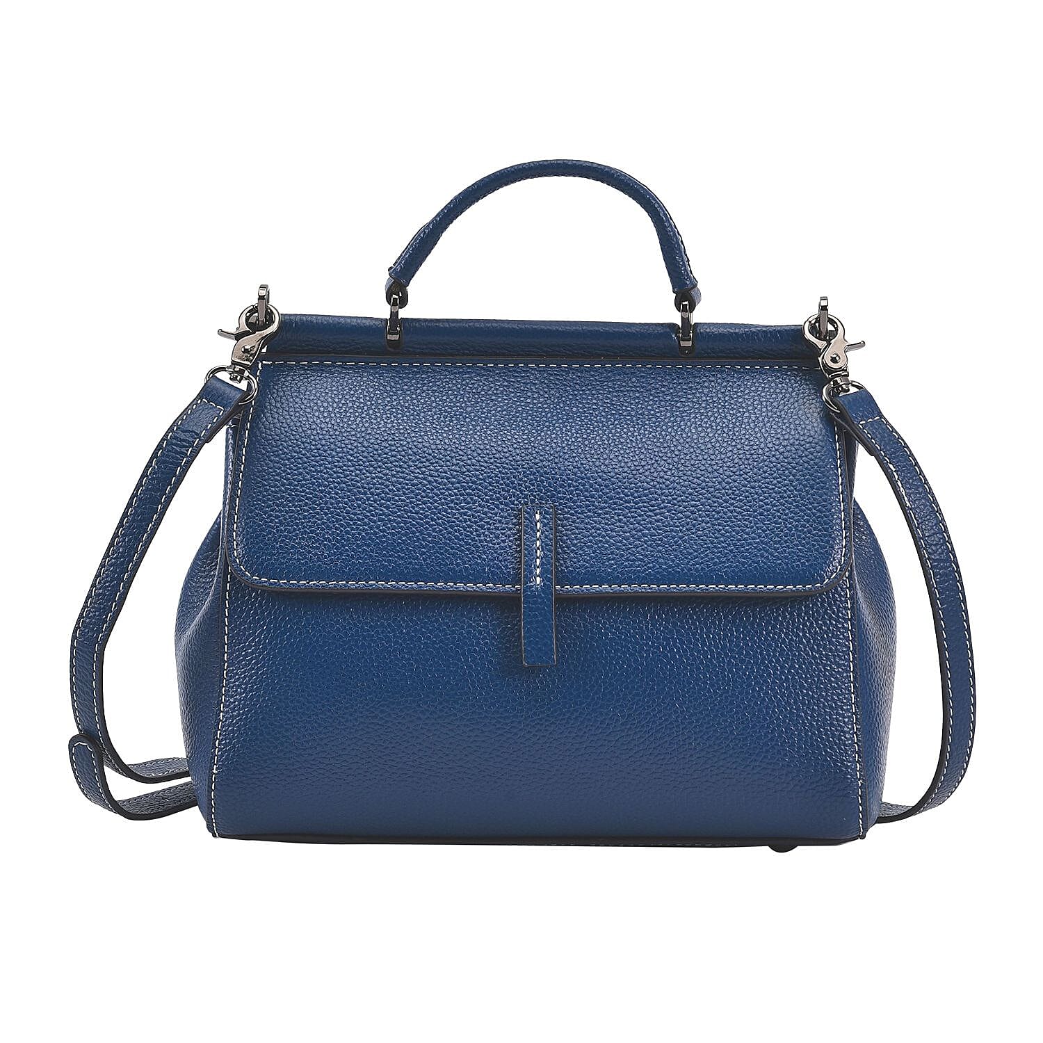 100% Genuine Leather Bag with Detachable Long Strap - Navy