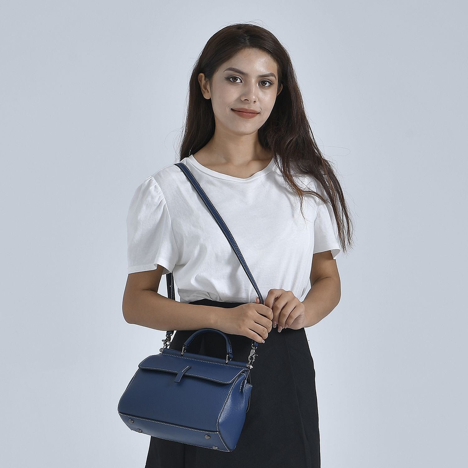 100% Genuine Leather Bag with Detachable Long Strap - Navy